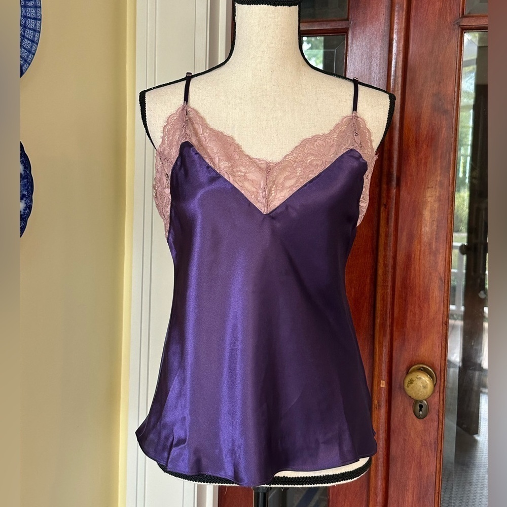 Linea Donatella | Purple Satin V-Neck Cami with Pink Lace Trim, Size S